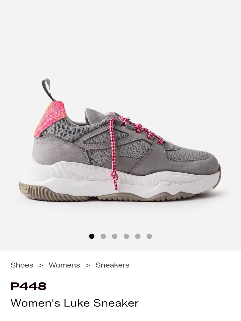 P448 Women's Luke Sneaker — Gray with Pink Accent.